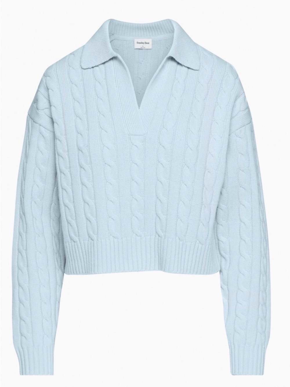 Aritzia Pastel Blue “Lottie” MERINO WOOL Cable Knit Collared V‑Neck Sweater